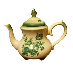 Vintage Green Arthur Wood Floral Motif Footed Teapot Embossed Details Handpainte